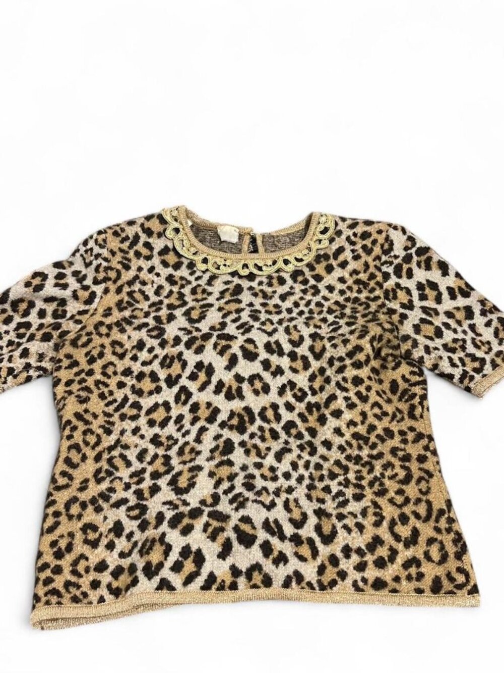 Vintage Leopard Print Wool Top Gold Trim Size S